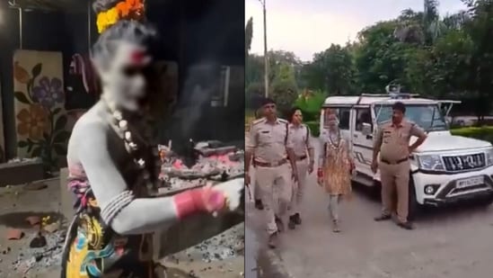 In the alleged video, the accused is seen standing near a burning pyre with a sword in her hand and, at one point, is seen eating flesh from the pyre. (Screengrabs/X)