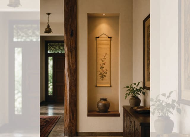 The tokonoma is a small alcove reserved for a single display, such as a scroll or a flower. (ILLUSTRATION CREATED USING CHATGPT) The tokonoma is a small alcove reserved for a single display, such as a scroll or a flower. (ILLUSTRATION CREATED USING CHATGPT)