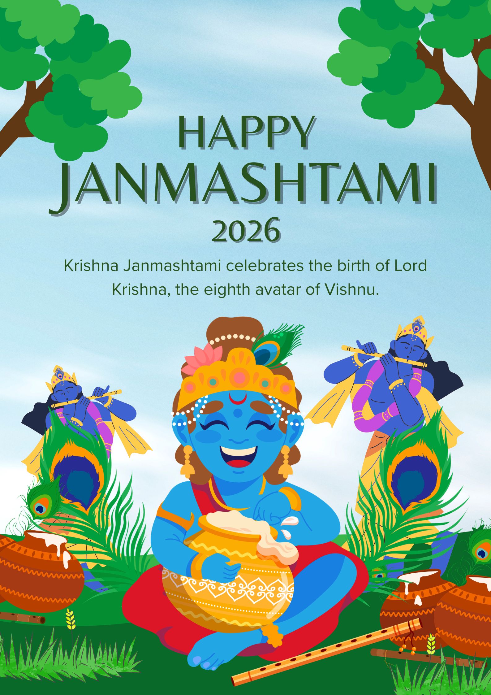 "May Kanha ji bless you and your loved ones with endless joy, good health and beautiful moments. Happy Janmashtami!" (Canva)