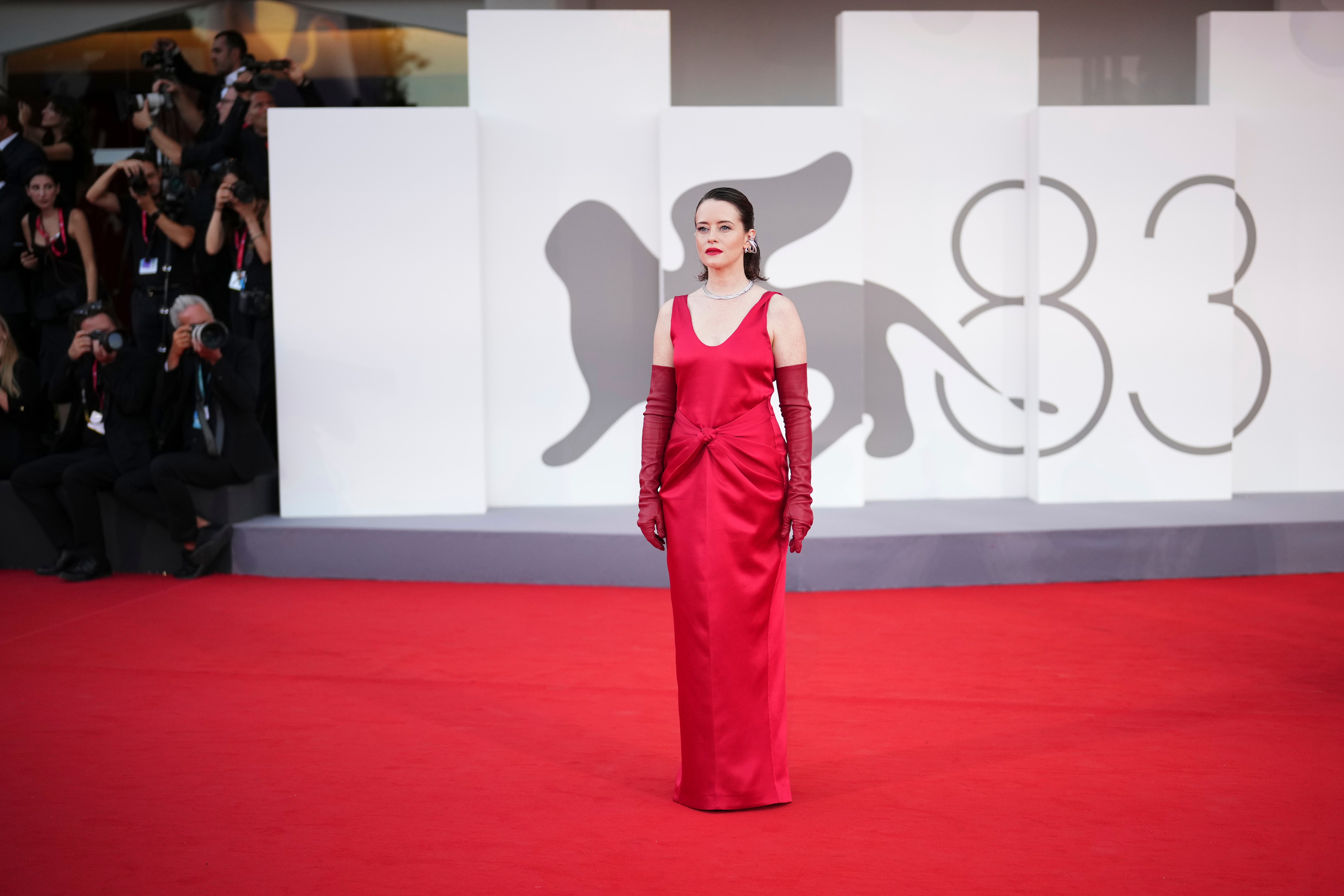 Claire Foy poses for photographers at the opening ceremony and the red carpet for the film 'Ink' during the 83rd edition of the Venice Film Festival in Venice, Italy, on Wednesday, Sept. 2, 2026. (Photo by Alessandra Tarantino/Invision/AP) (AP Photo/Alessandra Tarantino)