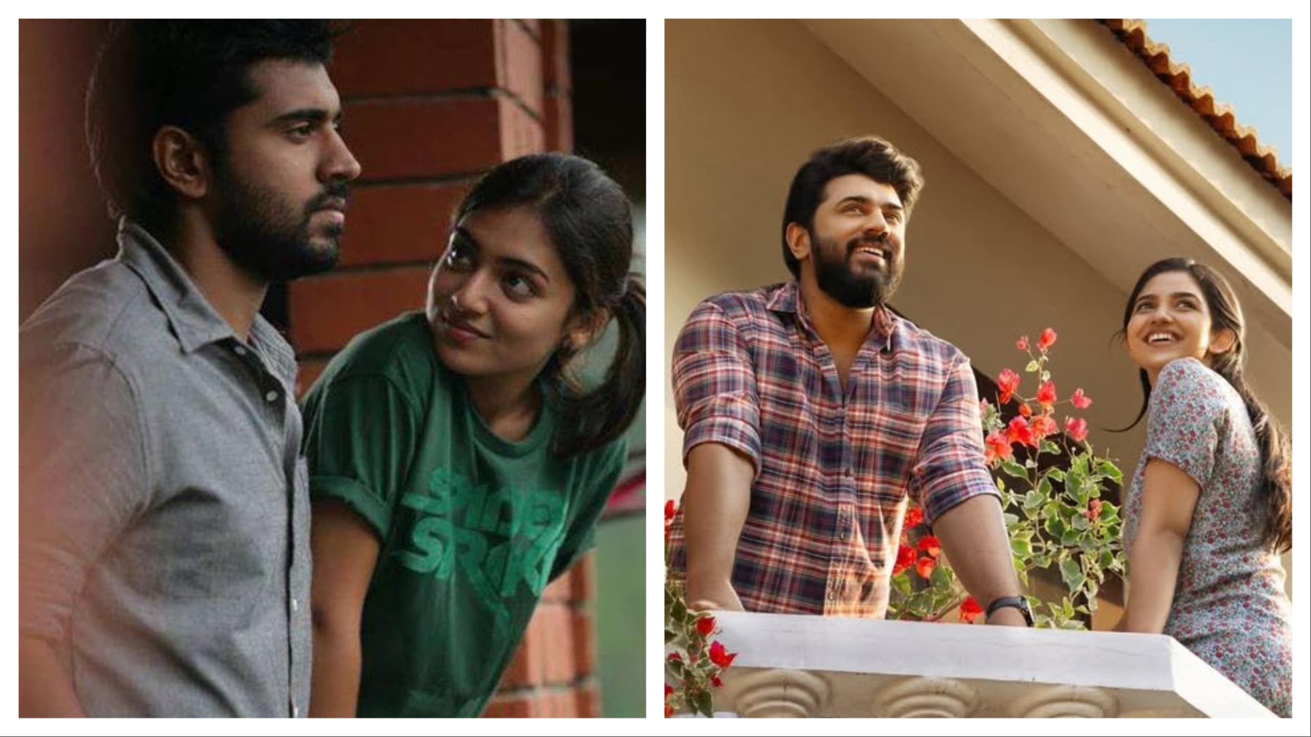Nivin Pauly with Nazriya Nazim in Ohm Shanti Oshana [left], and with Mamitha Baiju in Bethlehem Kudumba Unit.