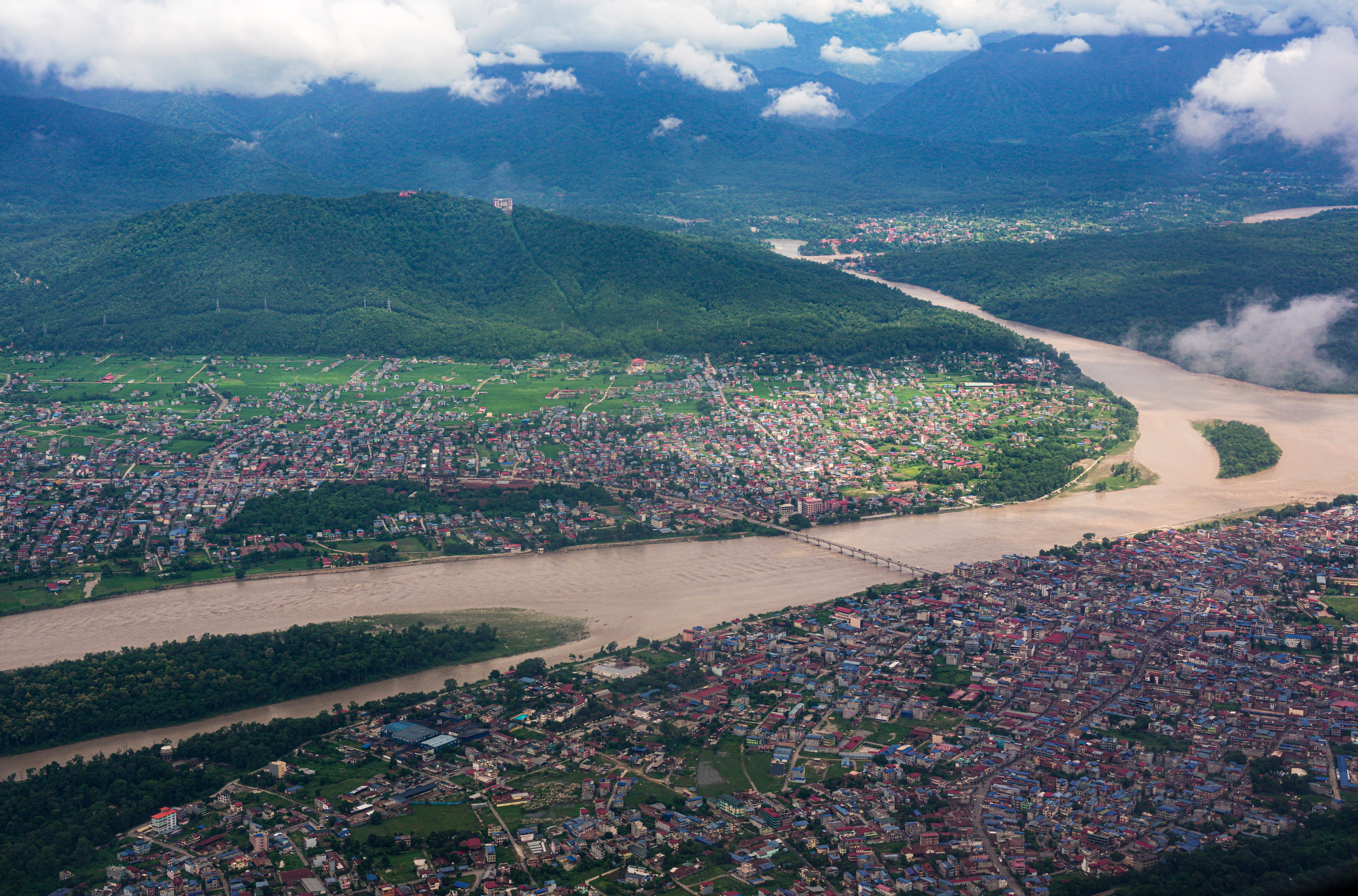 An aerial view of the Narayani River, also known as the Gandak River, in the aftermath of the flash floods, near Chitwan, Nepal, Sept. 2, 2026. (PTI)