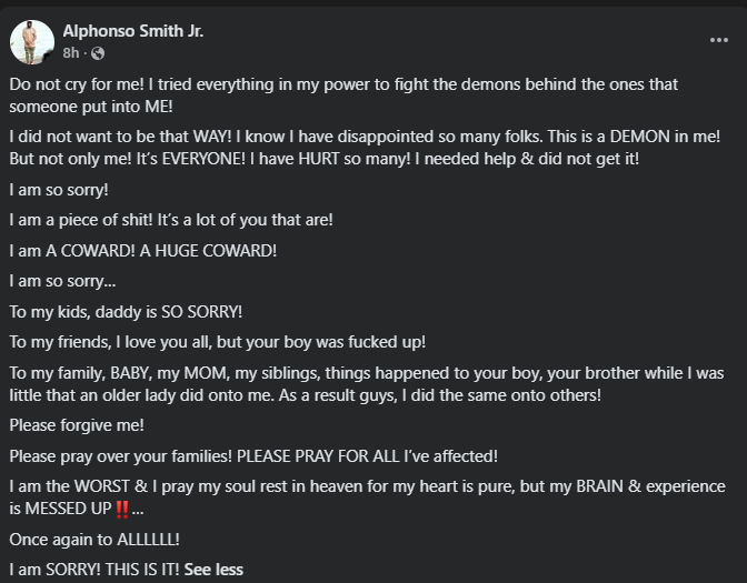 Screenshot of Alphonso Smith Jr's final message on Facebook. (Facebook/Alphonso Smith Jr) Screenshot of Alphonso Smith Jr's final message on Facebook. (Facebook/Alphonso Smith Jr)