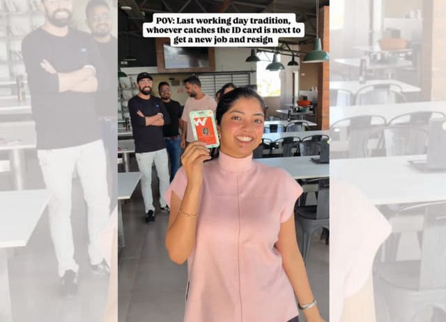 Resigning employees are tossing their ID cards – bridal bouquet-style – to pass on their ‘luck’. (INSTAGRAM/@MAYURVIVERSE) Resigning employees are tossing their ID cards – bridal bouquet-style – to pass on their ‘luck’. (INSTAGRAM/@MAYURVIVERSE)