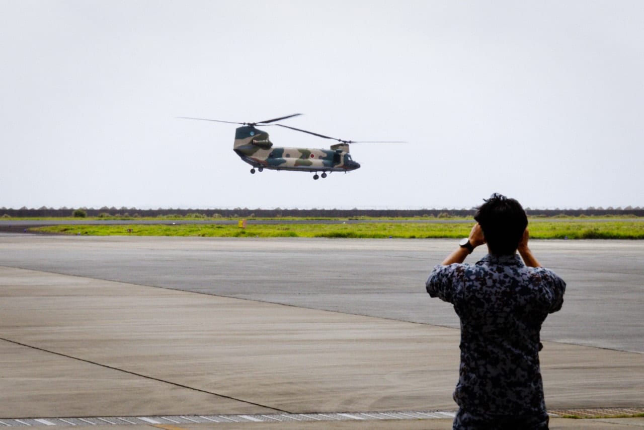 A Japanese Air Self-Defense Force helicopter on the island. A Japanese Air Self-Defense Force helicopter on the island.