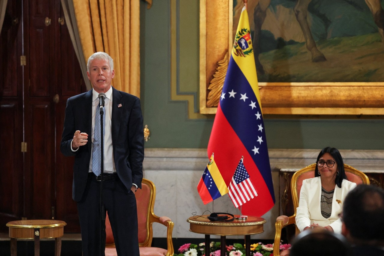 Energy Secretary Chris Wright and Venezuela’s interim President Delcy Rodriguez at Miraflores Palace in Caracas on Wednesday.