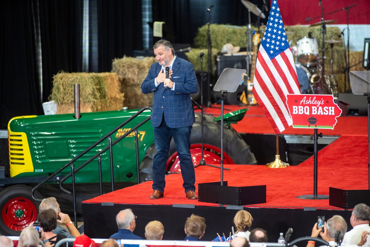 Cruz speaking at the ‘Ashley’s BBQ Bash’ fundraiser for Senate candidate Ashley Hinson of Iowa in August. Cruz speaking at the ‘Ashley’s BBQ Bash’ fundraiser for Senate candidate Ashley Hinson of Iowa in August.