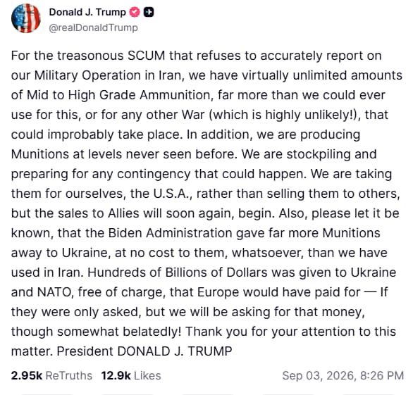 Trump addressed the munition depletion reports and said that the US army has "virtually unlimited" amounts of ammunition. (Truth Social/Donald Trump) Trump addressed the munition depletion reports and said that the US army has "virtually unlimited" amounts of ammunition. (Truth Social/Donald Trump)