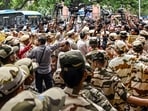 CJP protest news highlights: Security personnel present during the CJP Chief Spokesperson Saurav Das' march with supporters from Patel Chowk to Parliament Street Police Station, demanding strict action over the alleged assault by Swatantra Bhardwaj on CJP protester Nishu Azad's father.