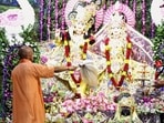 Chief minister Yogi Adityanath performs darshan and worship at the Shri Krishna Janmabhoomi Temple on the occasion of Shri Krishna Janmashtami, in Mathura on Friday. (@CMOfficeUP X)