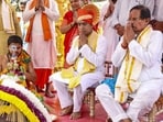 Goa chief minister Pramod Sawant, MoS Shripad Naik, at the launch of the Koti Tirth Corridor Development Project for the revival of the historic Shri Saptakoteshwar Temple site at Divar, in Goa (Goa CMO via PTI)