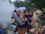 Mumbai, India – 02 Sept 2026: Devotees carry the Idol Lord Ganesh (Parelcha Raja) from Nikhil Khatu Ganesh Workshop ahead of the upcoming Ganesh Chaturthi festival, in Mumbai, India, on Tuesday, 02 Sept 2026. (Photo by Bhushan Koyande/HT Photo)