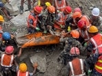 In this image received on Sept 4, 2026, Nepal army personnel and other officials rescue a man from the tunnel of the Trishuli 3A Hydropower Project, in the aftermath of the recent flash floods, in Rasuwa district.