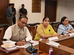 Pawar (L) chaired a meeting with senior officials of Pune and Pimpri-Chinchwad, including Pune divisional commissioner Sheetal Teli-Ugale. (HT)