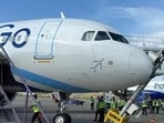 The IndiGo Airbus aircraft at Srinagar International Airport’s Bay 06 after hitting a Visual Docking Guidance System (VDGS) pole during parking on Friday morning. All passengers and crew deboarded safely.