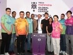 Trophy unveil (L to R) Yağız Kaan Erdoğmuş, Arjun Erigaisi, Levon Aronian, Viswanathan Anand, Gourav Rakshit, Commissioner and Peeyush Dubey, Chairperson (GCL)