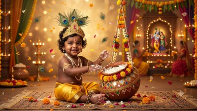 <p>"Create a beautiful festive Janmashtami picture featuring a child as adorable Bal Krishna sitting beside a decorated matki filled with butter. Show Krishna gently smiling and moving his hands playfully as the butter pot sways slightly. Add fluttering peacock feathers, falling flower petals and glowing diyas in the background. Use warm golden lighting, vibrant traditional colours and a divine festive atmosphere. Create smooth, seamless picture with a graceful effect."</p> (AI Image)
