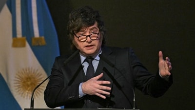 (FILES) Argentina's President Javier Milei delivers a speech during the Americas Society/Council of the Americas "Political and Economic Perspectives" conference in Buenos Aires on August 20, 2026. Milei said on September 3, 2026, that the "winds of change" favored Argentina's claim to the Falkland Islands, pointing to Washington's readiness to review it neutrality on his country's dispute with Britain. (Photo by Juan MABROMATA / AFP) (AFP)