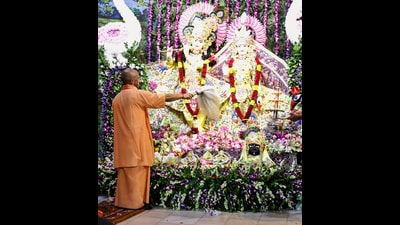 Chief minister Yogi Adityanath performs darshan and worship at the Shri Krishna Janmabhoomi Temple on the occasion of Shri Krishna Janmashtami, in Mathura on Friday. (@CMOfficeUP X) Chief minister Yogi Adityanath performs darshan and worship at the Shri Krishna Janmabhoomi Temple on the occasion of Shri Krishna Janmashtami, in Mathura on Friday. (@CMOfficeUP X)