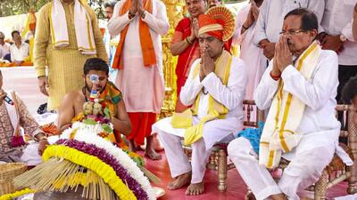 Goa chief minister Pramod Sawant, MoS Shripad Naik, at the launch of the Koti Tirth Corridor Development Project for the revival of the historic Shri Saptakoteshwar Temple site at Divar, in Goa (Goa CMO via PTI) Goa chief minister Pramod Sawant, MoS Shripad Naik, at the launch of the Koti Tirth Corridor Development Project for the revival of the historic Shri Saptakoteshwar Temple site at Divar, in Goa (Goa CMO via PTI)