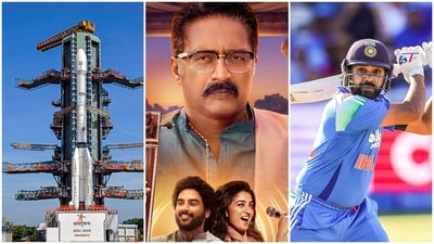 ISRO launches GSLV-F17 carrying EOS-05; Prakash Raj's show review; Rohit Sharma gets BCCI boost. (ANI/PTI/Amazon Prime) ISRO launches GSLV-F17 carrying EOS-05; Prakash Raj's show review; Rohit Sharma gets BCCI boost. (ANI/PTI/Amazon Prime)