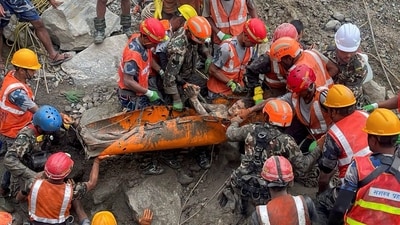 In this image received on Sept 4, 2026, Nepal army personnel and other officials rescue a man from the tunnel of the Trishuli 3A Hydropower Project, in the aftermath of the recent flash floods, in Rasuwa district. (PTI) In this image received on Sept 4, 2026, Nepal army personnel and other officials rescue a man from the tunnel of the Trishuli 3A Hydropower Project, in the aftermath of the recent flash floods, in Rasuwa district. (PTI)