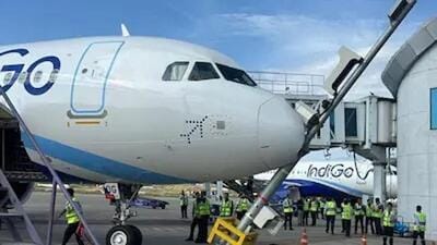The IndiGo Airbus aircraft at Srinagar International Airport’s Bay 06 after hitting a Visual Docking Guidance System (VDGS) pole during parking on Friday morning. All passengers and crew deboarded safely.