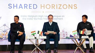 Union Minister of Commerce and Industry Piyush Goyal (R), Maharashtra Chief Minister Devendra Fadnavis and Belgian Prime Minister Bart De Wever (C) at the Port of Antwerp-Bruges event, in Mumbai on Friday. (@MEAIndia X)