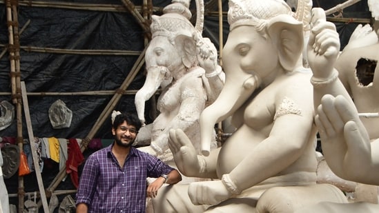 Nikhil Khatu is the third generation in his family in the Ganpati idol making business (Photo: Bhushan Koyande/HT)
