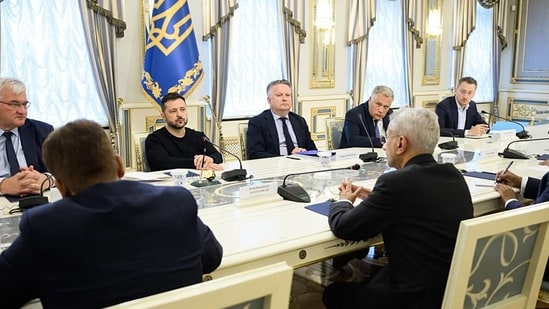 External Affairs Minister S. Jaishankar holds a meeting with Ukrainian President Volodymyr Zelenskyy, in Kyiv on Thursday. (@DrSJaishankar X)
