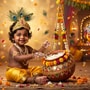 <p>"Create a beautiful festive Janmashtami picture featuring a child as adorable Bal Krishna sitting beside a decorated matki filled with butter. Show Krishna gently smiling and moving his hands playfully as the butter pot sways slightly. Add fluttering peacock feathers, falling flower petals and glowing diyas in the background. Use warm golden lighting, vibrant traditional colours and a divine festive atmosphere. Create smooth, seamless picture with a graceful effect."</p>