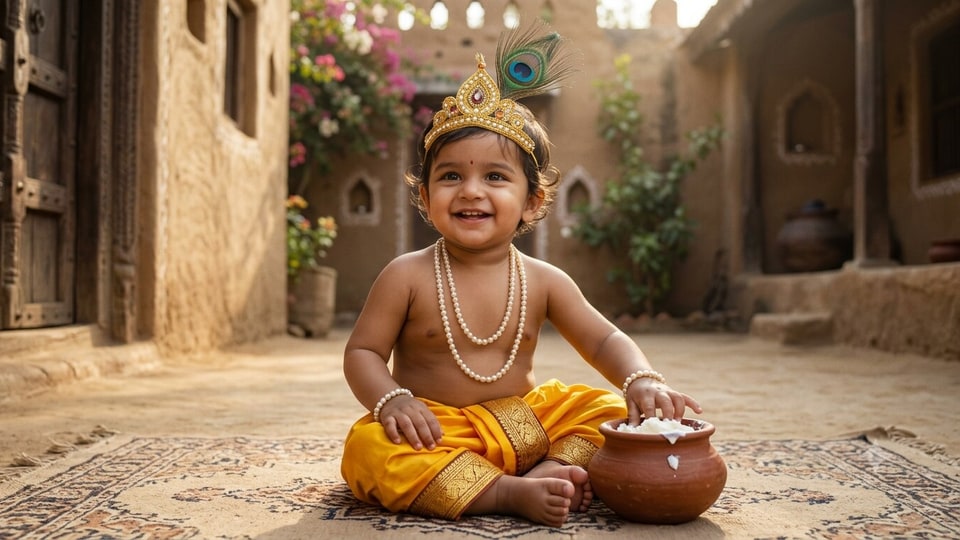 <p>"Transform the child in the uploaded photo into a toddler Lord Krishna. Keep the child facial features same. Dress them in a bright yellow silk dhoti with gold borders, a small golden crown with a pearl jewellery and prominent peacock feather. Place them in a sunny Gokul courtyard with a small clay pot of white butter nearby. Soft, natural lighting, 8k resolution, as cinematic photo."</p>(AI image)