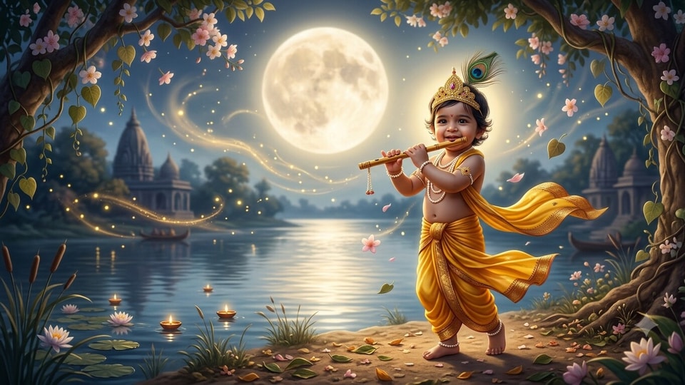 <p>"Create a dreamy Janmashtami image of Lord Krishna standing gracefully in Vrindavan, playing his flute. Show his peacock feather and flowing yellow dhoti moving in the breeze, while flowers and leaves softly sway around him. Add a glowing moonlit background, subtle fireflies and a peaceful Yamuna-inspired setting. Use soft blue and golden lighting with a magical devotional atmosphere. Make the picture smooth, elegant and seamlessly."</p>