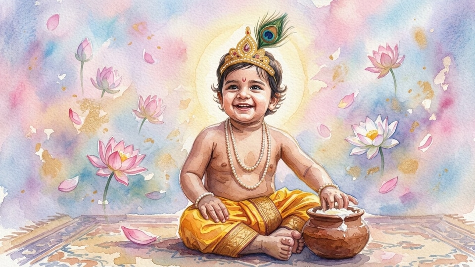 <p>"Generate an artistic watercolor photo of the child in the uploaded picture, style should be as young Krishna. Maintain facial resemblance. Surround the Krishna avatar with floating lotus flowers, soft pastels and a light golden aura around the head. Painterly texture, dreamlike aesthetic, background as soft focus."</p>