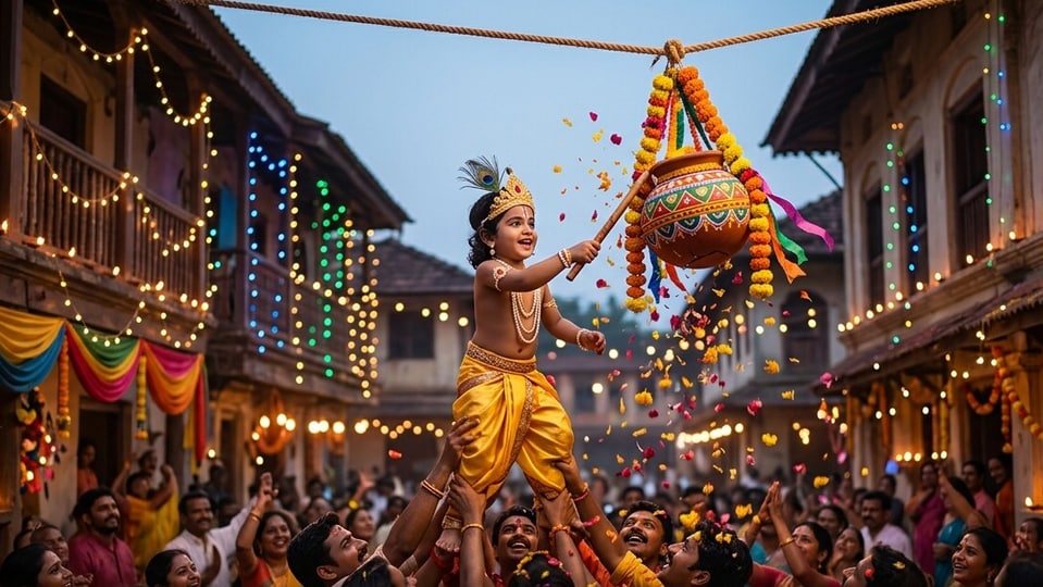 <p>"Create a vibrant Janmashtami image inspired by the traditional Dahi Handi celebration. Show a beautifully decorated clay pot hanging from above, gently swinging as flower petals fall around it. Add festive lights, colourful decorations, diyas and subtle silhouettes of people celebrating in the background. Use bright traditional Indian colours, energetic festive lighting and a joyful atmosphere. Include movement and a suitable message for sharing on social media. Make child krishna hit the pot"</p>(AI Image)