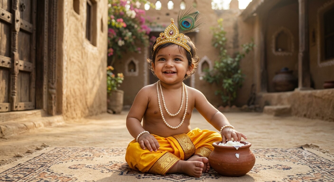 <p>"Transform the child in the uploaded photo into a toddler Lord Krishna. Keep the child facial features same. Dress them in a bright yellow silk dhoti with gold borders, a small golden crown with a pearl jewellery and prominent peacock feather. Place them in a sunny Gokul courtyard with a small clay pot of white butter nearby. Soft, natural lighting, 8k resolution, as cinematic photo."</p> <p>"Transform the child in the uploaded photo into a toddler Lord Krishna. Keep the child facial features same. Dress them in a bright yellow silk dhoti with gold borders, a small golden crown with a pearl jewellery and prominent peacock feather. Place them in a sunny Gokul courtyard with a small clay pot of white butter nearby. Soft, natural lighting, 8k resolution, as cinematic photo."</p>