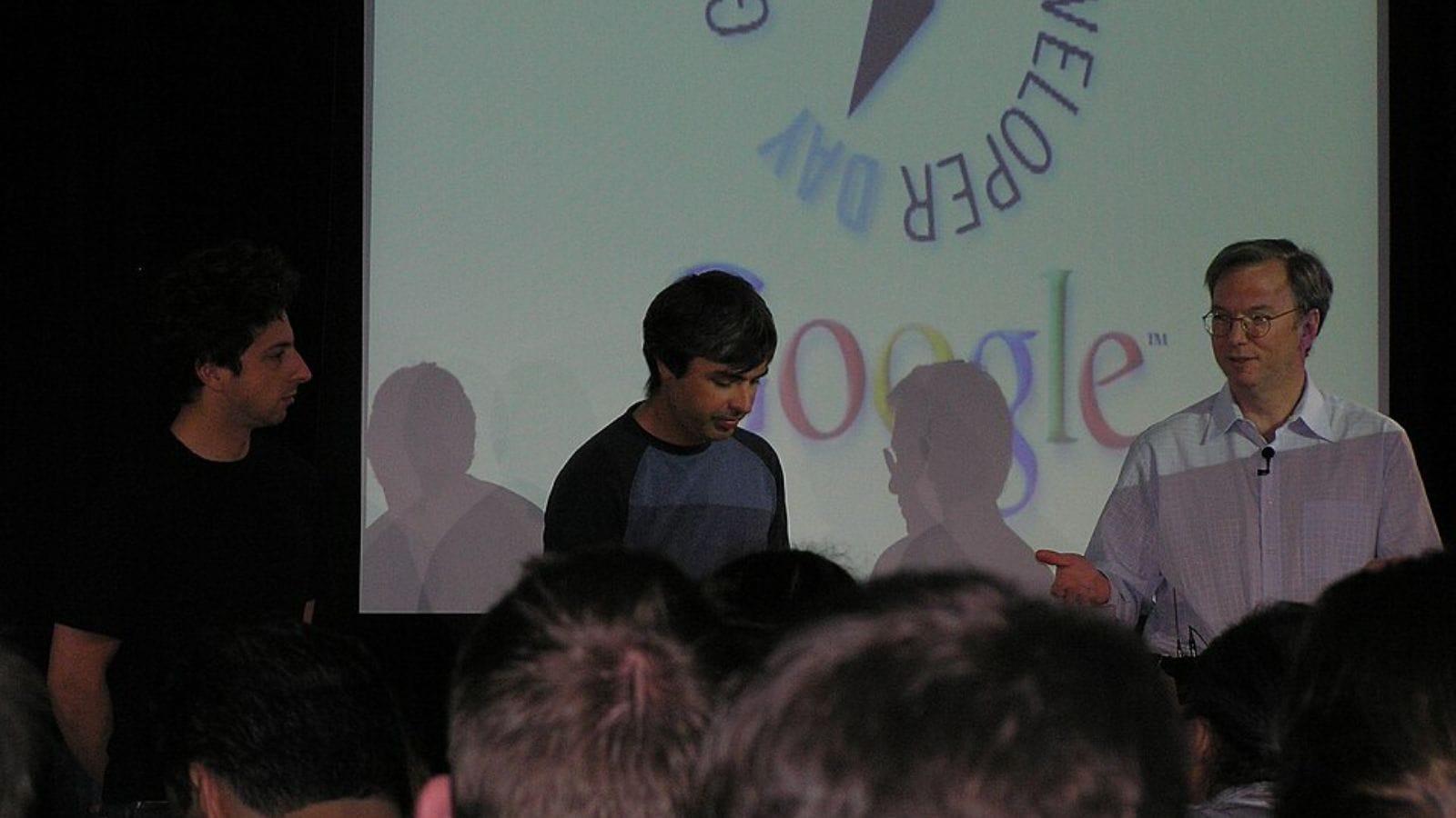 From left to right: Larry Page, Sergey Brin and Eric Schmidt (then-CEO of Google) on the company's Geo Developer Day in June 2006. (via Wikimedia Commons) From left to right: Larry Page, Sergey Brin and Eric Schmidt (then-CEO of Google) on the company's Geo Developer Day in June 2006. (via Wikimedia Commons)