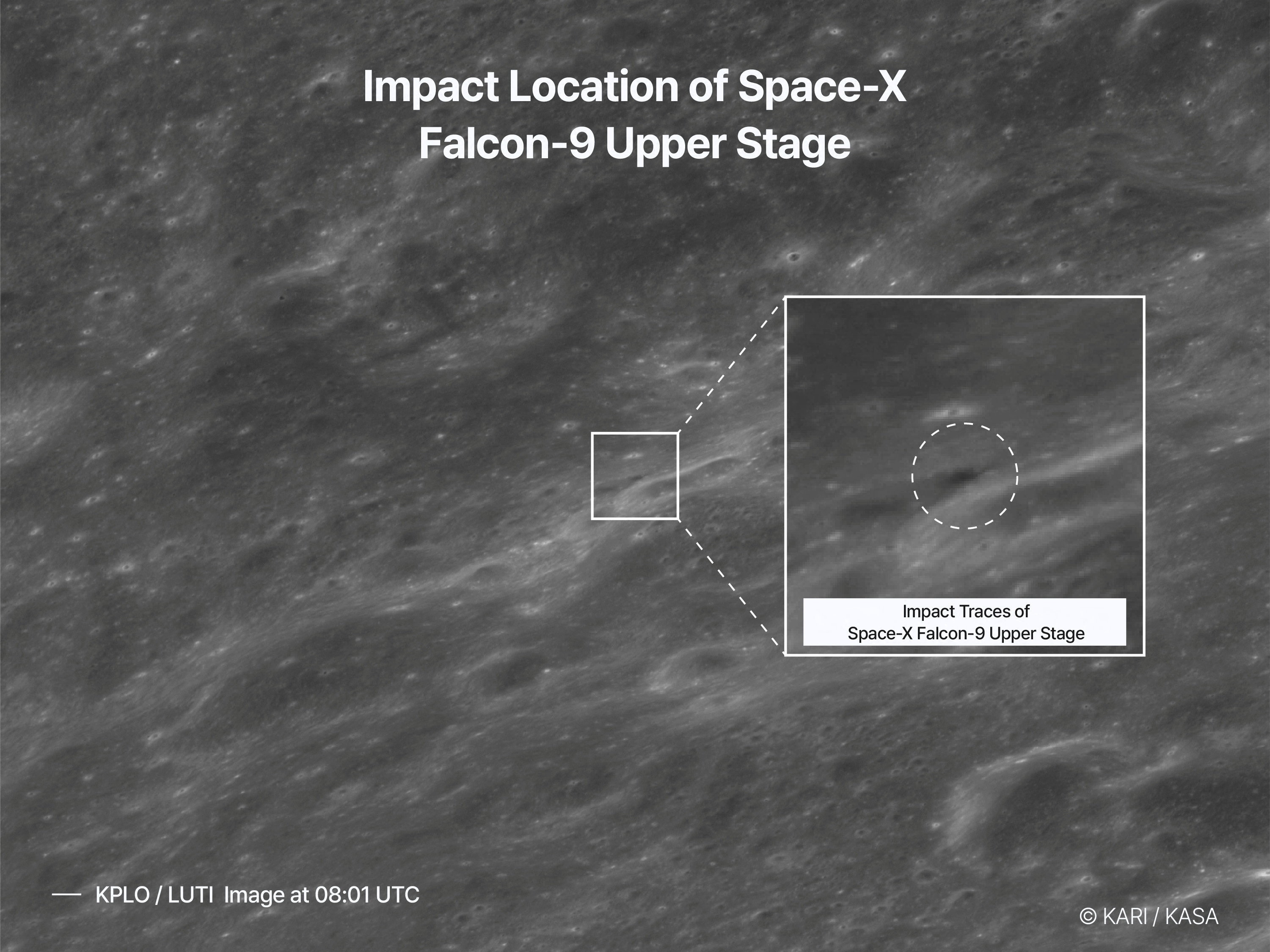 A satellite image shows the impact site of the second stage of a SpaceX Falcon 9 rocket, which was launched from Firefly Aerospace towards the moon in January 2025, after it smashed into the moon, in this handout image released on August 6, 2026. (KARI/KASA/Handout via REUTERS)