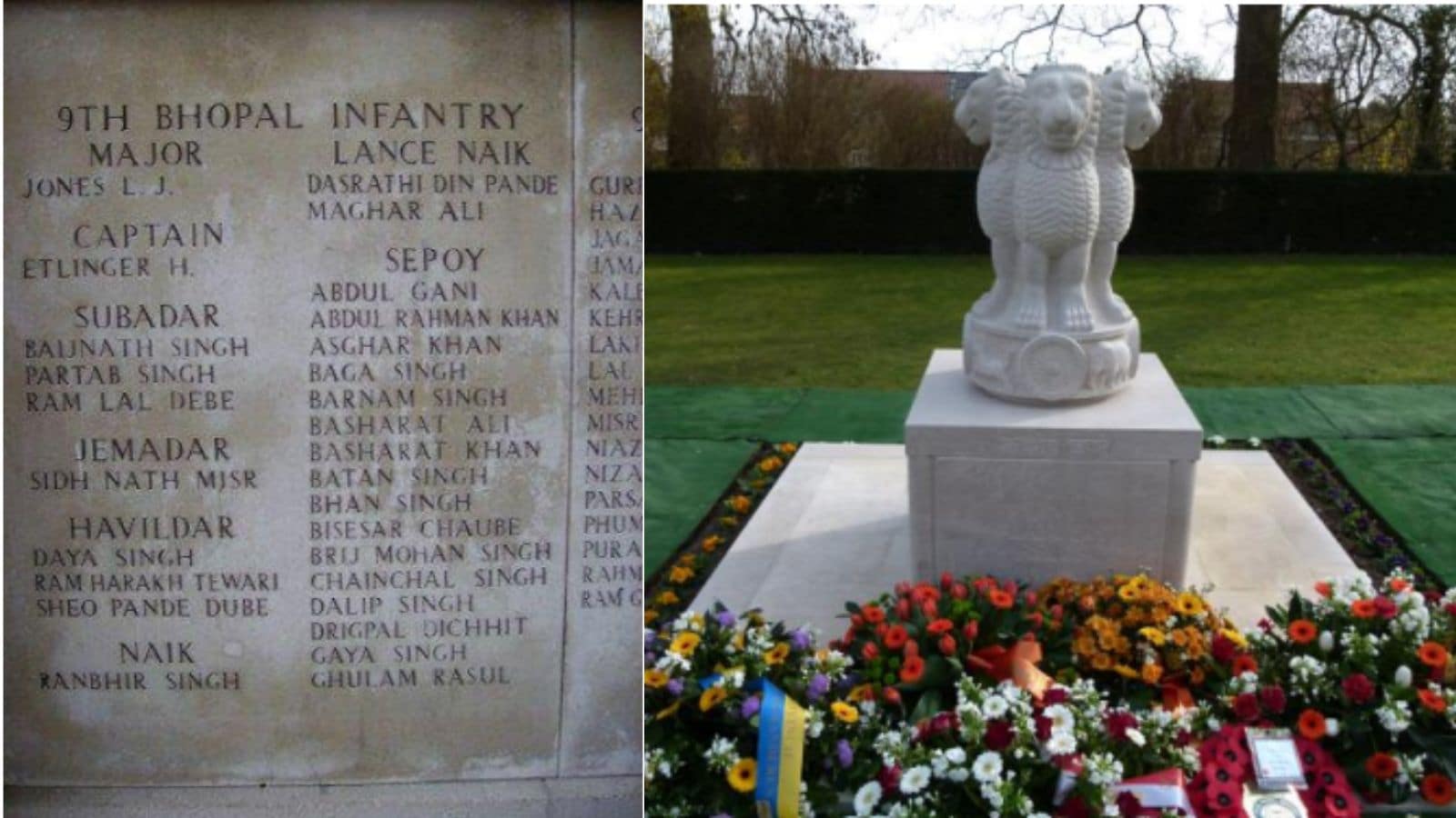Names of Indian soldiers on the walls of Menin Gate (L); Indian Memorial at Ypres (R) (Indian Embassy in Brussels) Names of Indian soldiers on the walls of Menin Gate (L); Indian Memorial at Ypres (R) (Indian Embassy in Brussels)