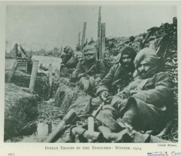 Indian soldiers trying to keep warm in their trenches, winter
1914 (Indian Embassy in Brussels) Indian soldiers trying to keep warm in their trenches, winter
1914 (Indian Embassy in Brussels)