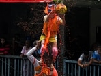 Govindas break the Dahi Handi by forming a human pyramid on the occasion of Gokulashtami festival in Mumbai.