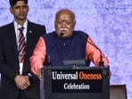 RSS chief Mohan Bhagwat addresses the gathering during the Universal Oneness Celebrations, in New York, USA, Sunday, Aug. 30, 2026.
