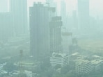 A view of the skyscrapers in the smog at Mahalaxmi in Mumbai.