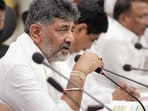 Karnataka Chief Minister DK Shivakumar addresses a review meeting on the drought situation with officials and elected representatives at the Bagalkote District Panchayat assembly hall, in Bagalkote