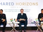 Union Minister of Commerce and Industry Piyush Goyal (R), Maharashtra Chief Minister Devendra Fadnavis and Belgian Prime Minister Bart De Wever (C) at the Port of Antwerp-Bruges event, in Mumbai on Friday. (@MEAIndia X)