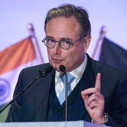 Belgian Prime Minister Bart De Wever addresses the gathering during the India-Belgium high-level dialogue on the India�EU Free Trade Agreement, in Mumbai, Maharashtra.