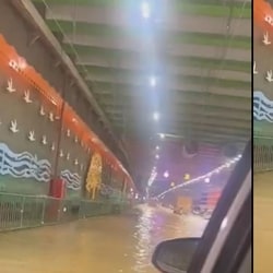 The road appeared to be submerged in the video.