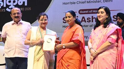 Delhi CM Rekha Gupta and other ministers at a Teachers’ Day event at Thyagraj Stadium in INA on Saturday. (Sonu Mehta/HT Photo) Delhi CM Rekha Gupta and other ministers at a Teachers’ Day event at Thyagraj Stadium in INA on Saturday. (Sonu Mehta/HT Photo)