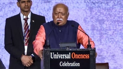 RSS chief Mohan Bhagwat addresses the gathering during the Universal Oneness Celebrations, in New York, USA, Sunday, Aug. 30, 2026. (PTI) RSS chief Mohan Bhagwat addresses the gathering during the Universal Oneness Celebrations, in New York, USA, Sunday, Aug. 30, 2026. (PTI)
