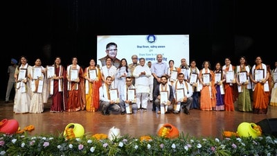 UT administrator Gulab Chand Kataria with the honoured teachers during an event in Chandigarh on Saturday.
